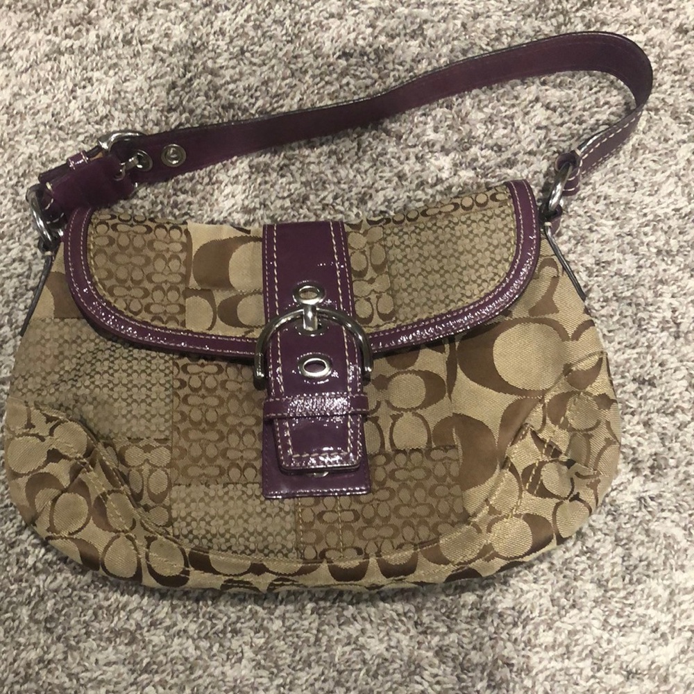 Coach soho signature tan patchwork with purple accent